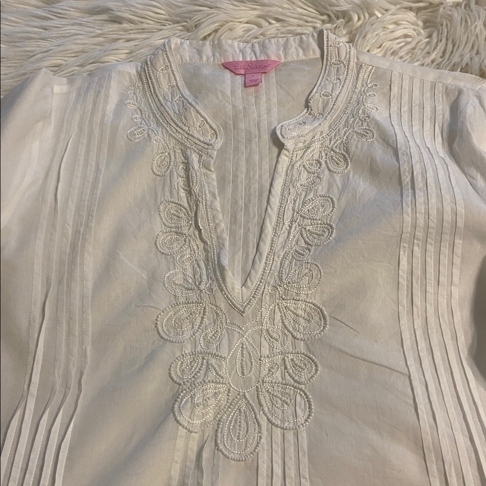 Lilly Pulitzer White Embroidered Tunic size L BNWOT length 31” bust 40” - Picture 11 of 12
